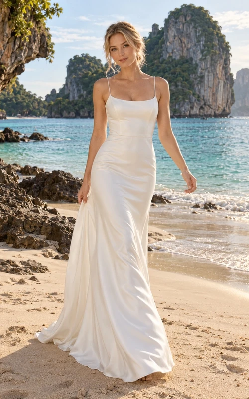 Einfaches, bodenlanges Strandhochzeitskleid aus Satin mit Wasserfallausschnitt und Spaghettiträgern