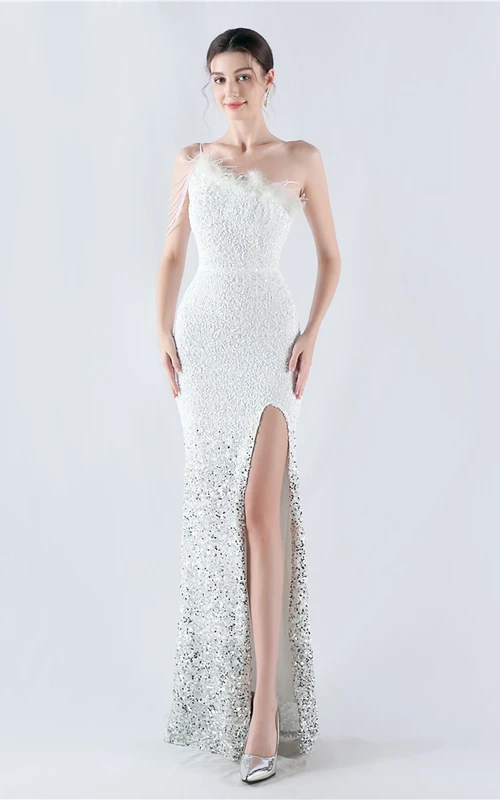 Lengthened Ostrich Feather Beaded Sequined One-Shoulder Oblique Collar High-Slit Evening Dress