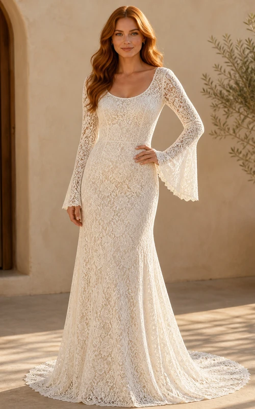 Vestido de novia bohemio de manga larga acampanada, estilo sirena, escote redondo y encaje, para capilla.