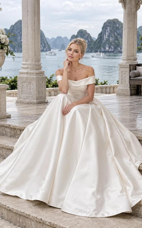 Schlichtes schulterfreies Ballkleid aus Satin mit Schleppe – Hochzeitskleid