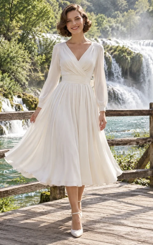 Vestido de novia sencillo de estilo vintage, largo hasta la rodilla, manga larga, escote en V, gasa, fruncido, corte en A
