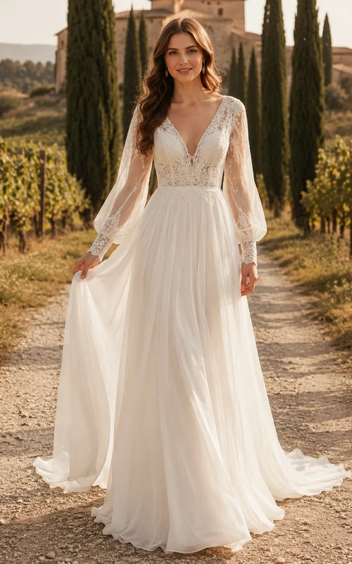 Vineyard Boho V-Neck Bishop Sleeve Chiffon Wedding Dress