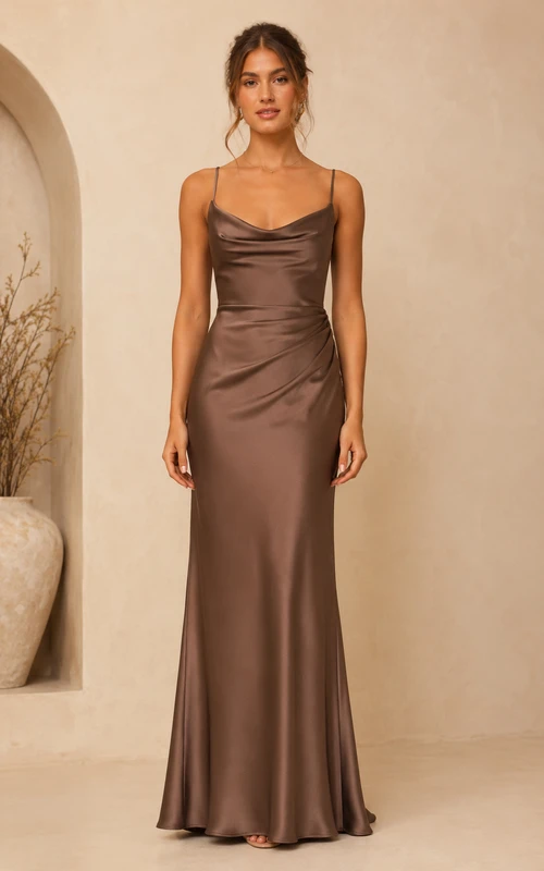 Taupe Satin Cowl Sheath Bridesmaid Dress