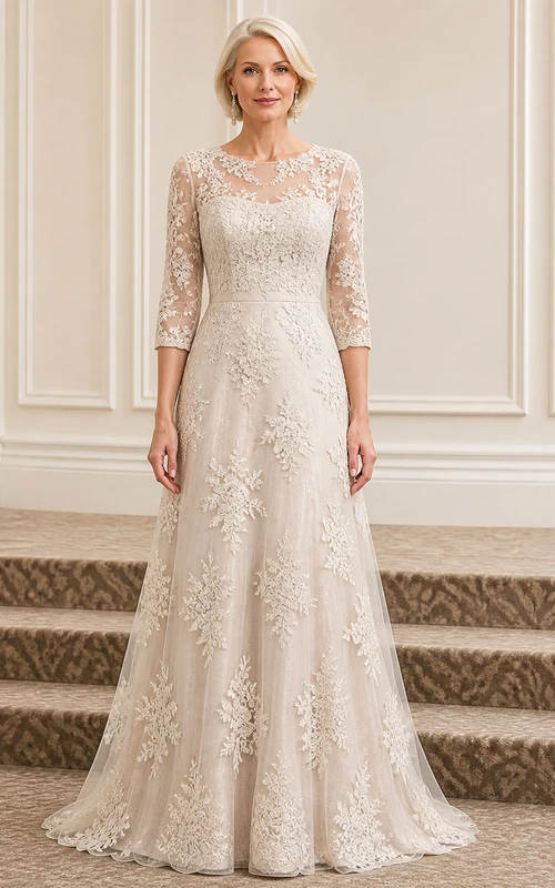Robe de mère de la mariée élégante et sobre, coupe trapèze, en dentelle, longueur au sol, manches trois-quarts, col bateau, manches trois-quarts, idéale pour les mariées plus âgées.