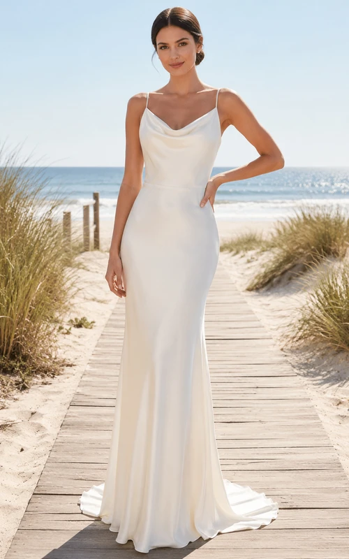 Minimalist Cowl Neck Spaghetti Strap Satin Sheath Backless Beach Wedding Dress