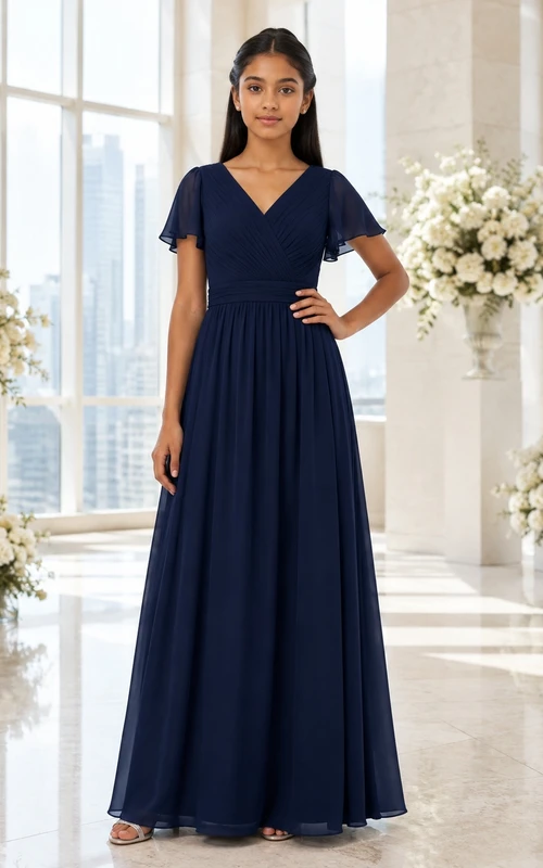 Dunkelblaues Brautjungfernkleid für junge Damen, A-Linie, V-Ausschnitt, kurze Blütenblattärmel, Falten-Detail, modern