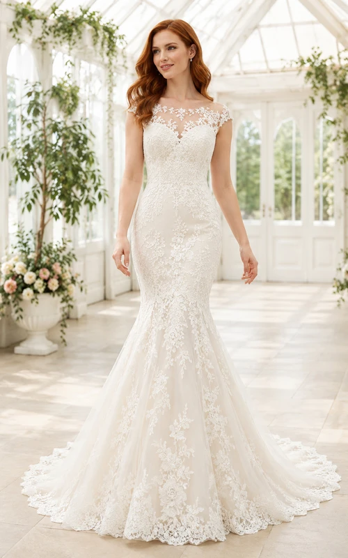 Robe de mariée sirène romantique à manches bateau et boutons en dentelle
