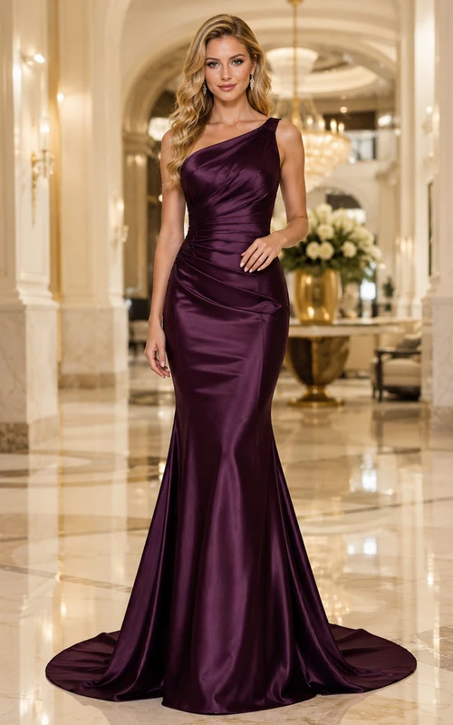 Plum Satin One Shoulder Mermaid Evening Gown