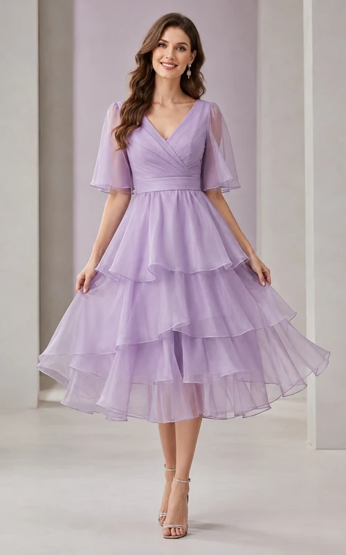 Romantic Lavender V-neck 3/4 Length Sleeve Organza A-Line Tiered Dress