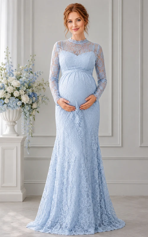 Himmelblaues Umstandskleid für die Babyparty eines Jungen, hochgeschlossen, langärmelig, mit Spitze, Meerjungfrauen-Stil