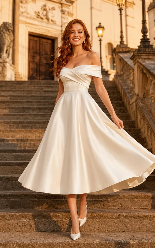 Schulterfreies, wadenlanges, romantisches A-Linien-Satin-Brautkleid für standesamtliche Hochzeiten