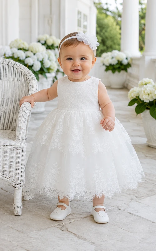 Sleeveless Baptism Dress A-Line Lace Tulle Jewel Neck Soft Layered Skirt