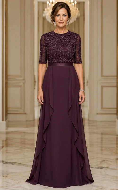 Vestido de gasa color ciruela de corte A para la madre de la novia con corpiño de encaje y lentejuelas.
