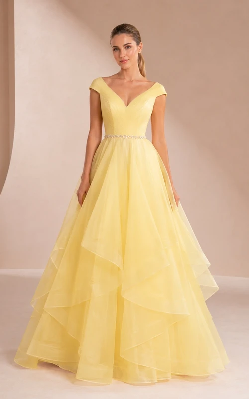 Vestido de noche largo hasta el suelo, sin mangas, de tul, con escote en V y corte en A, color champán, estilo romántico.