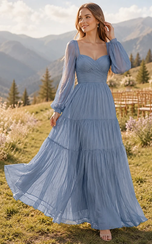 Slate Blue Square Neck Poet Sleeve Tiered Chiffon Guest Dress