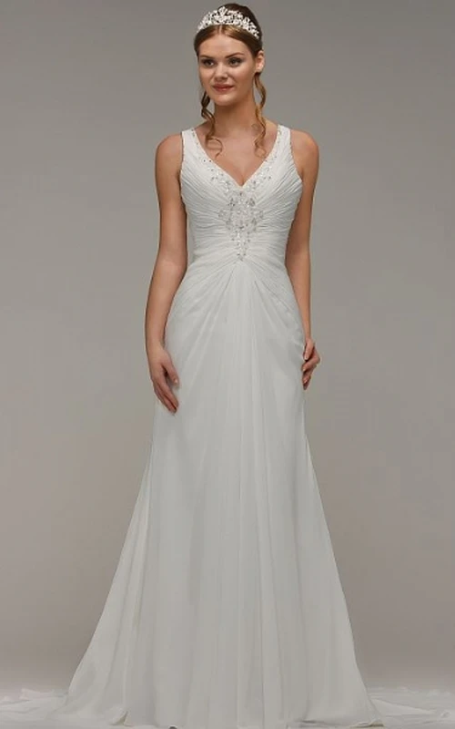 Sheath Beaded Floor-Length V-Neck Sleeveless Chiffon Wedding Dress With Ruching And Keyhole