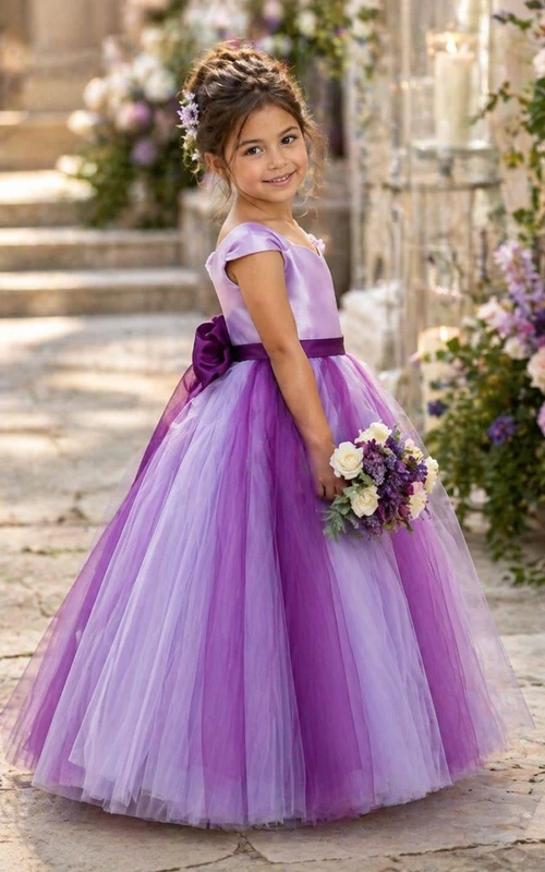 Ravissante robe de demoiselle d'honneur violette en tulle, ornée d'un nœud papillon et de manches courtes, style princesse.