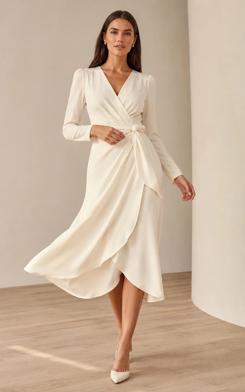 Schlichtes, asymmetrisches Chiffon-Brautkleid mit V-Ausschnitt, langen Ärmeln und drapiertem Schnitt für standesamtliche Hochzeiten