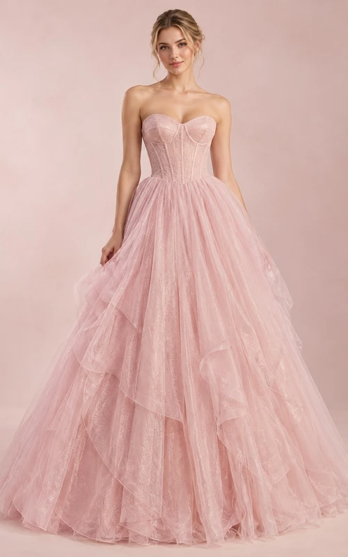 Blush Strapless Sweetheart Lace Corset Layered Tulle Long Prom Dress