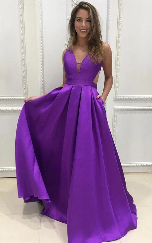 Robe de soirée sexy en satin, coupe trapèze, col en V, sans manches, avec poches arrière en V plongeant