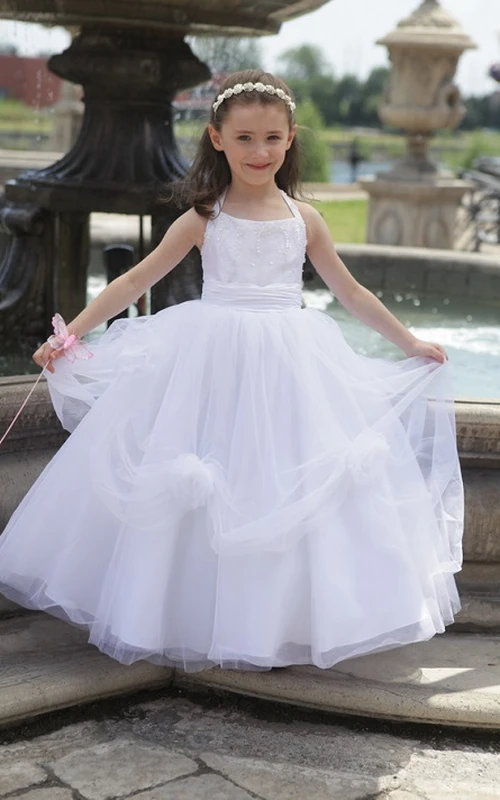 Vestido de gala de tul con cuello halter para niña de las flores con flores