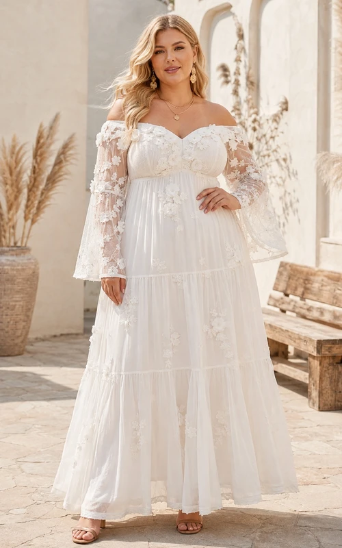 Plus Size Boho Off-Shoulder Long Bell Sleeve Lace Tiered Floor-Length Wedding Dress