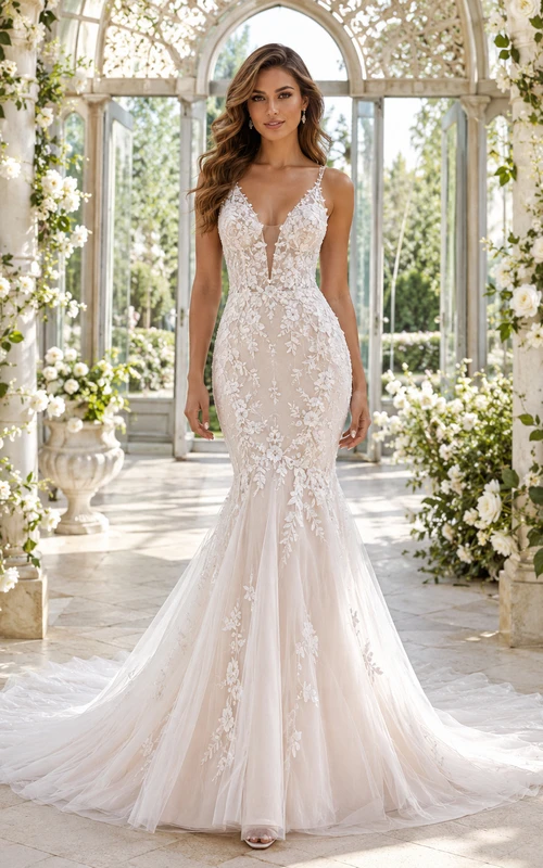 Robe de mariée sirène romantique en dentelle, décolleté en V profond, sans manches, ornée d'appliques chapelle et dos nu poli