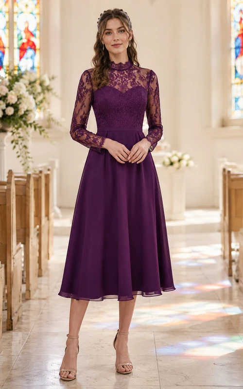 Robe prune pour invitée à un thé de chapelle, col montant et manches en dentelle