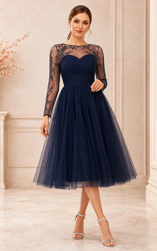 Modest Dark Navy Illusion Long Sleeve Lace Tulle Tea-Length Cocktail Dress