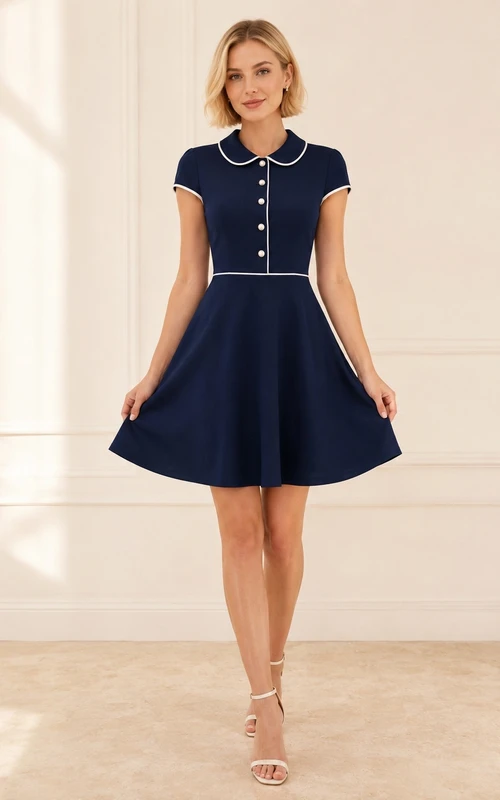 Robe de cocktail élégante bleu marine à ourlet cranté et boutons nacrés, coupe trapèze courte.
