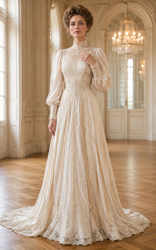 Robe de mariée édouardienne à col montant, manches bouffantes en dentelle, coupe trapèze et traîne chapelle