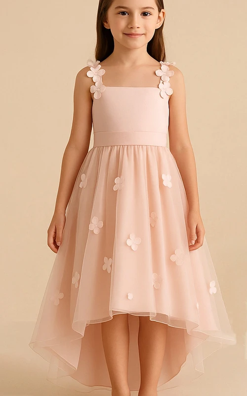 Rosa Chiffon-Blumenmädchenkleid mit asymmetrischem Saum und Schleife am Rücken