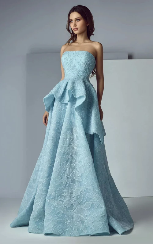 A-Linien-Abendkleid in Blau mit Applikationen, trägerlos, gerüscht