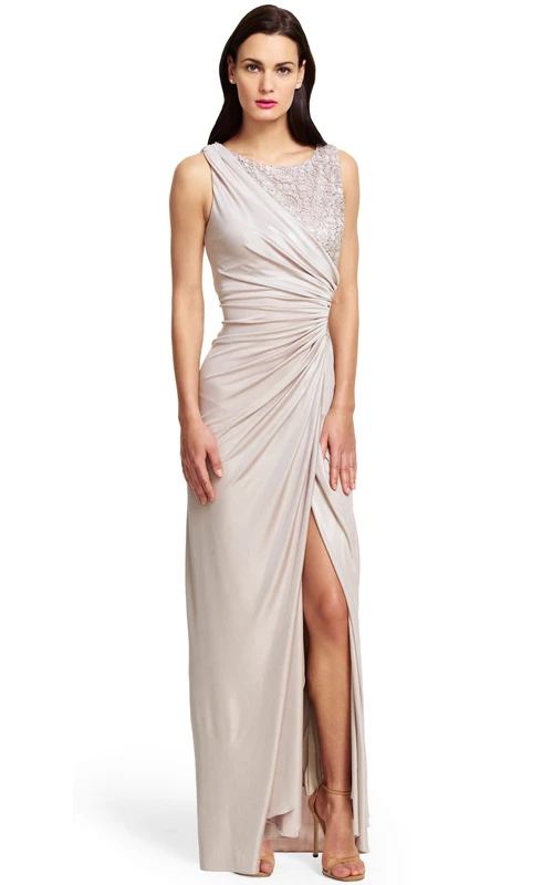 Vestido de dama de honor de punto sin mangas con escote barco y abertura frontal