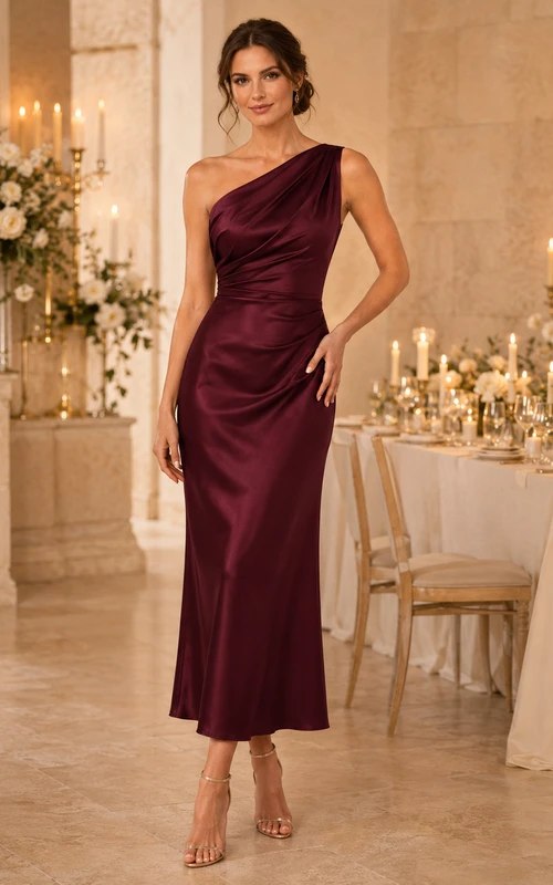 Vestido de fiesta de satén drapeado de un solo hombro color burdeos, corte tubo hasta el tobillo.
