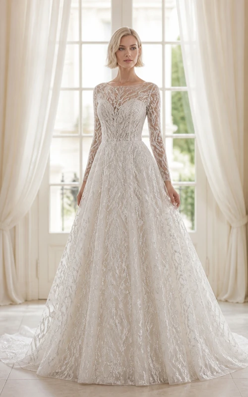 Vestido de novia tradicional de encaje con mangas largas y corte en A para novias mayores.