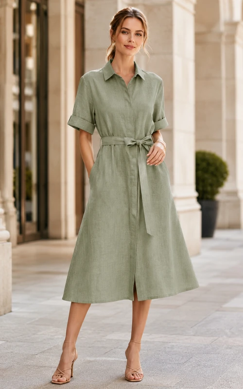 Celadonfarbenes, kurzärmeliges Vintage-Teehemdkleid aus Baumwolle mit Kragen, Gürtel und Knöpfen