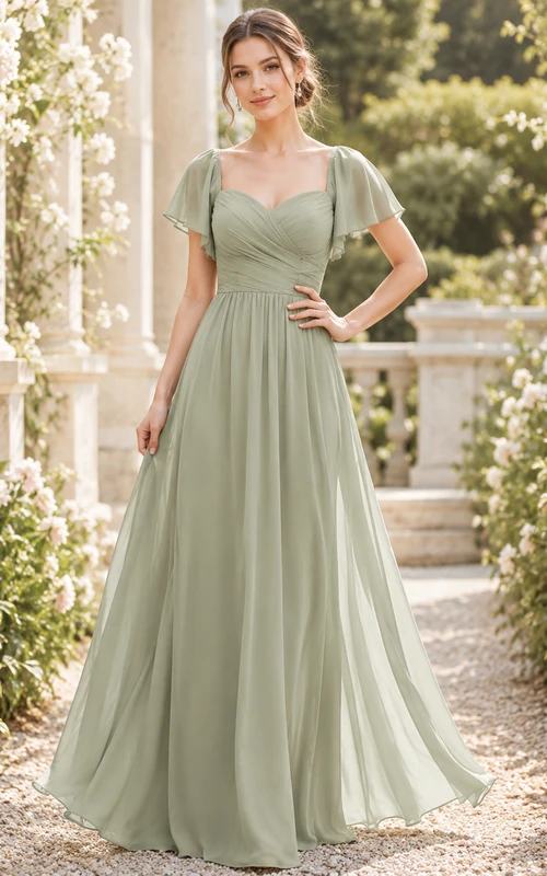Sage cowl neck flutter sleeve chiffon floor length bridesmaid dress