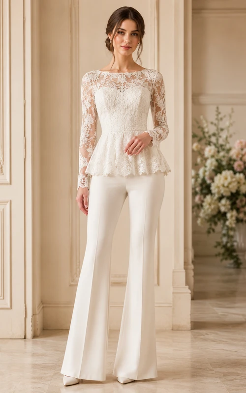 Elegant Lace Bridal Pantsuit Two Piece Bateau Long Sleeves Peplum Top