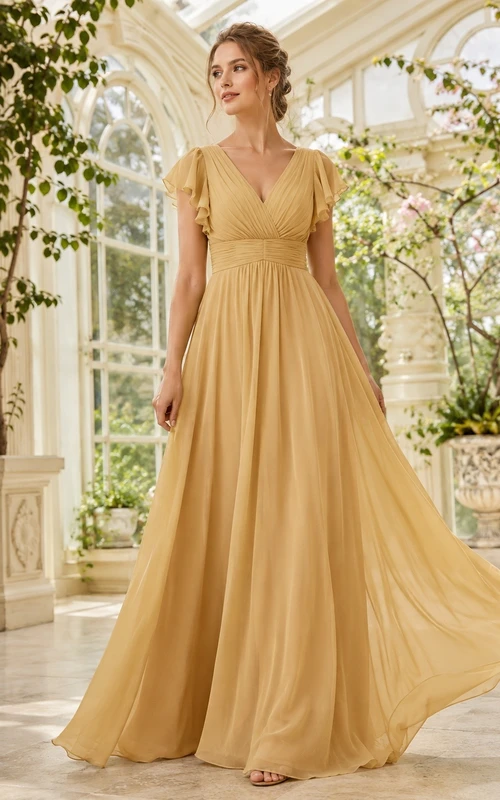 Vestido de noche romántico de gasa color dorado con escote en V, manga corta y corte imperio.