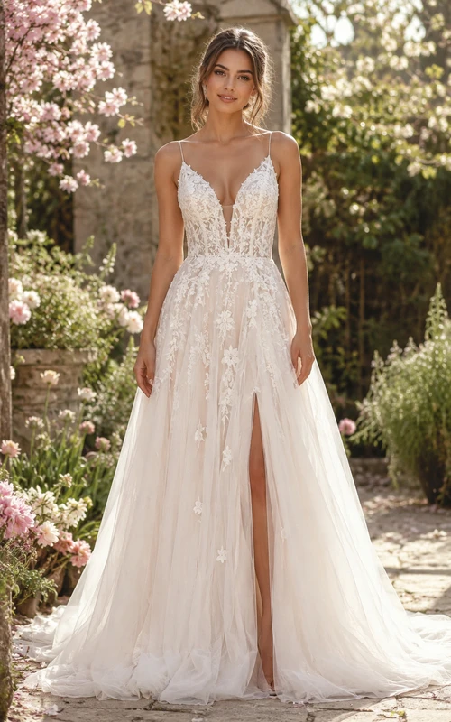Sexy A-Linien-Brautkleid, ärmellos, V-Ausschnitt, Tüllspitzenapplikationen, Schlitz vorne, bodenlang, Kapellenschleppe, Elfenbein