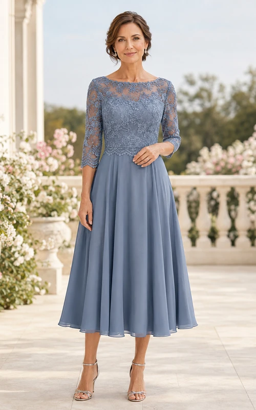 Stahlblaues, schlichtes, teelanges A-Linien-Chiffonkleid für die Mutter der Braut mit dreiviertellangen Ärmeln aus Muschelspitze