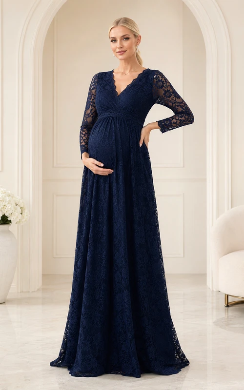 Elegantes, formelles Umstandskleid aus Spitze in Dunkelblau mit Empire-Schnitt, bodenlang, V-Ausschnitt und langen Ärmeln – ein schlichtes und elegantes Kleid für Gästeempfänge.