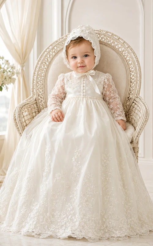 Vestido modesto para ceremonia de bautizo de bebé, corte en A, largo hasta el suelo, cuello joya, manga larga, tul, cinta de encaje, fajín con botones en la espalda.