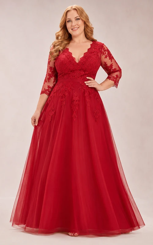 Red Plus Size V-Neck Lace Sleeve Wedding Dress