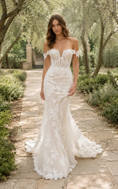 Vestido de novia de encaje estilo sirena con hombros descubiertos y cola larga.