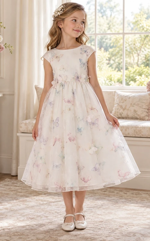 Tea-length Ivory Bateau Cap Sleeve Butterfly Bow Organza Flower Girl Dress