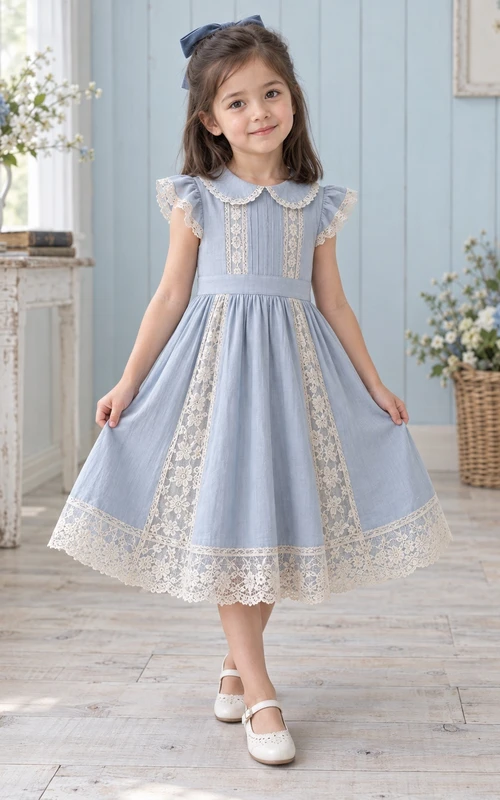 Vestido de niña de flores azul vintage de corte A hasta la rodilla con mangas de encaje con volantes, paneles insertados y cuello Peter Pan.
