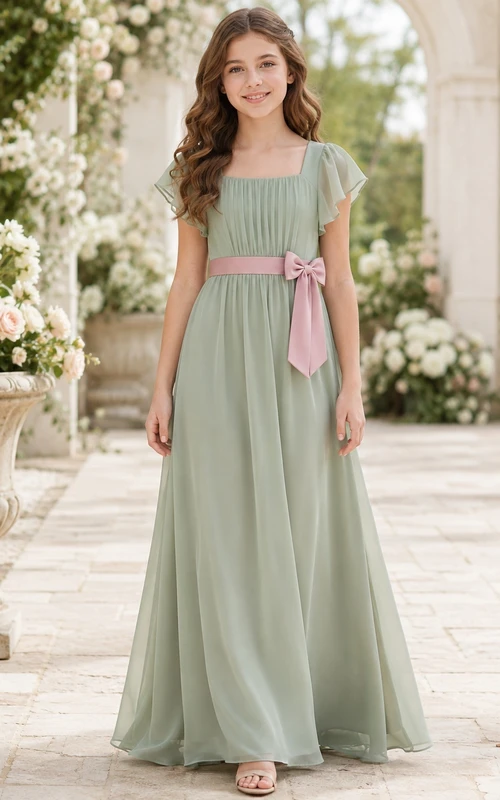 Celadonfarbenes Brautjungfernkleid für junge Mädchen, A-Linie, eckige kurze Ärmel, Schleife, romantisch