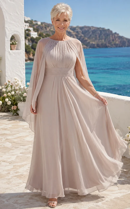 Taupefarbenes, schlichtes, bodenlanges Strandkleid für die Mutter der Braut mit Rundhalsausschnitt, langen Cape-Ärmeln, Faltenrock, Empire-Schnitt und A-Linien-Schnitt.